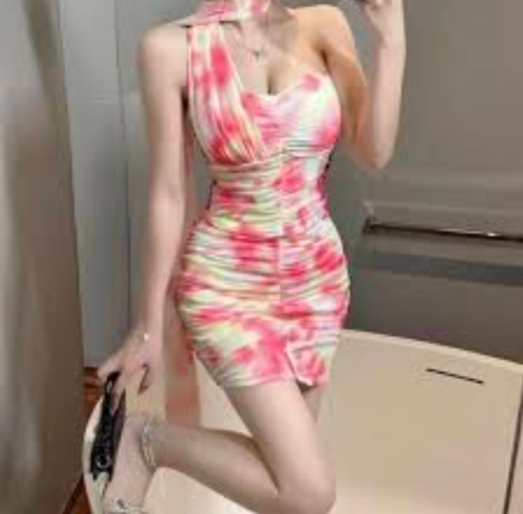 Tie-Dye White & Pink Mini Bodycon Dress