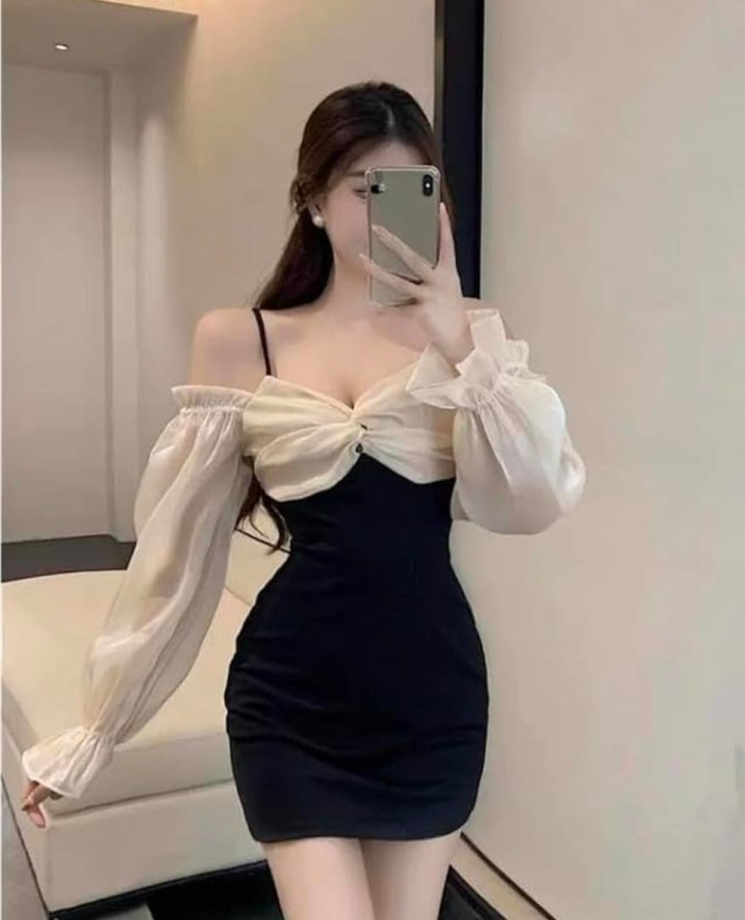 Black Mini Dress with White Ruffle Neck Detailing