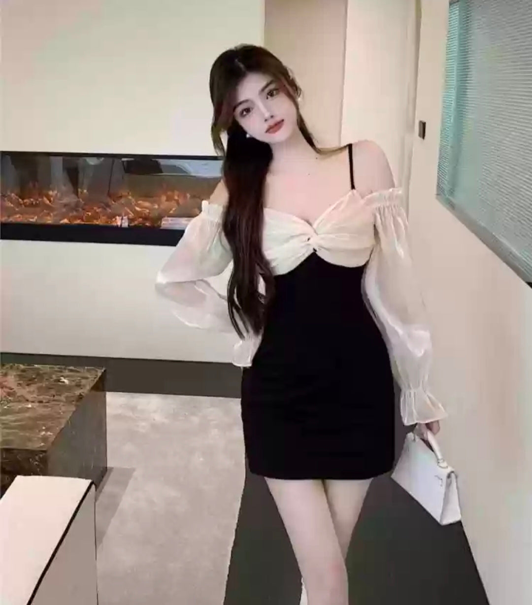 Black Mini Dress with White Ruffle Neck Detailing