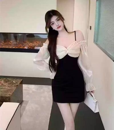 Black Mini Dress with White Ruffle Neck Detailing