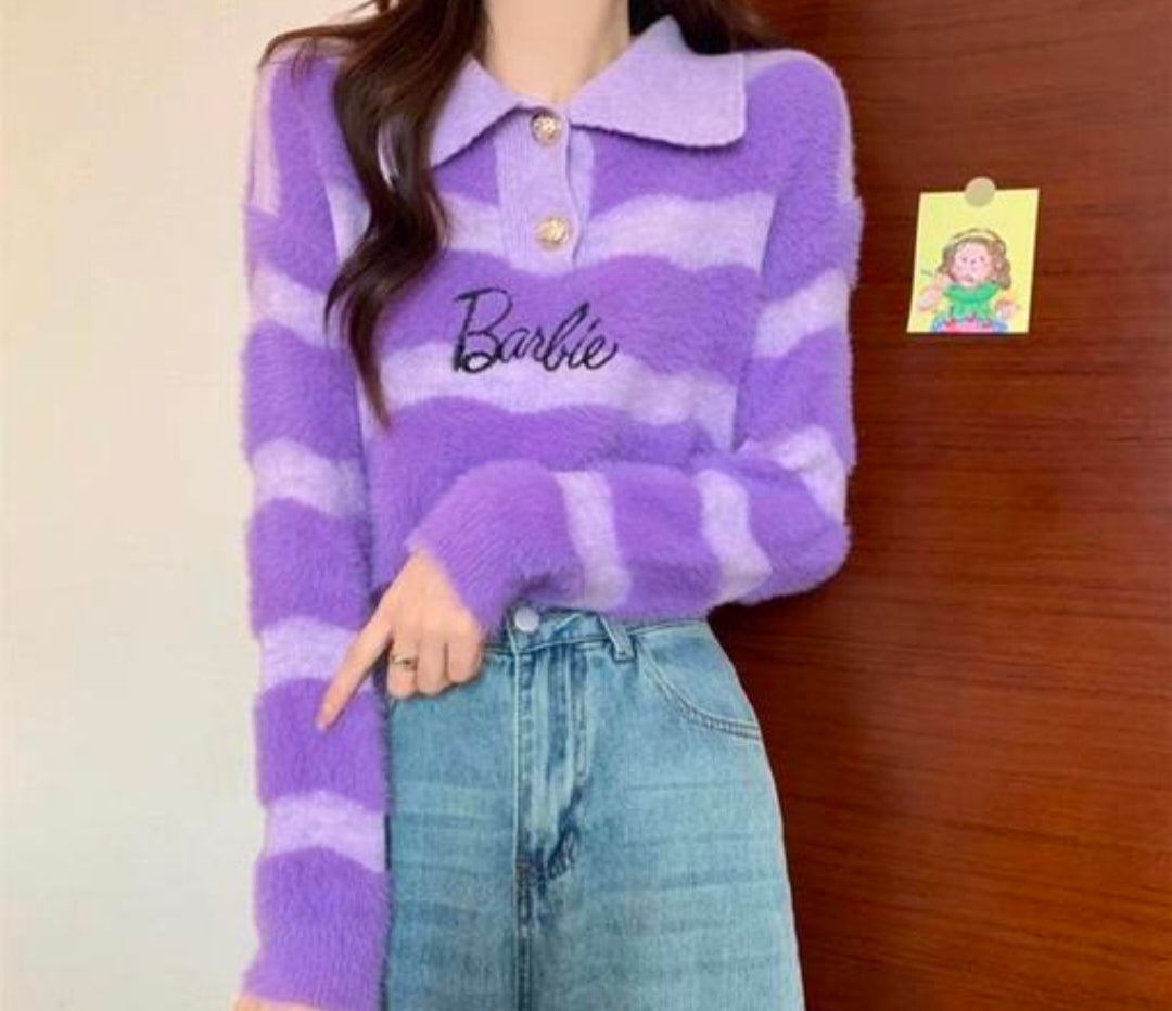 Purple Lavender Sweater with Collar & "Barbie" Print