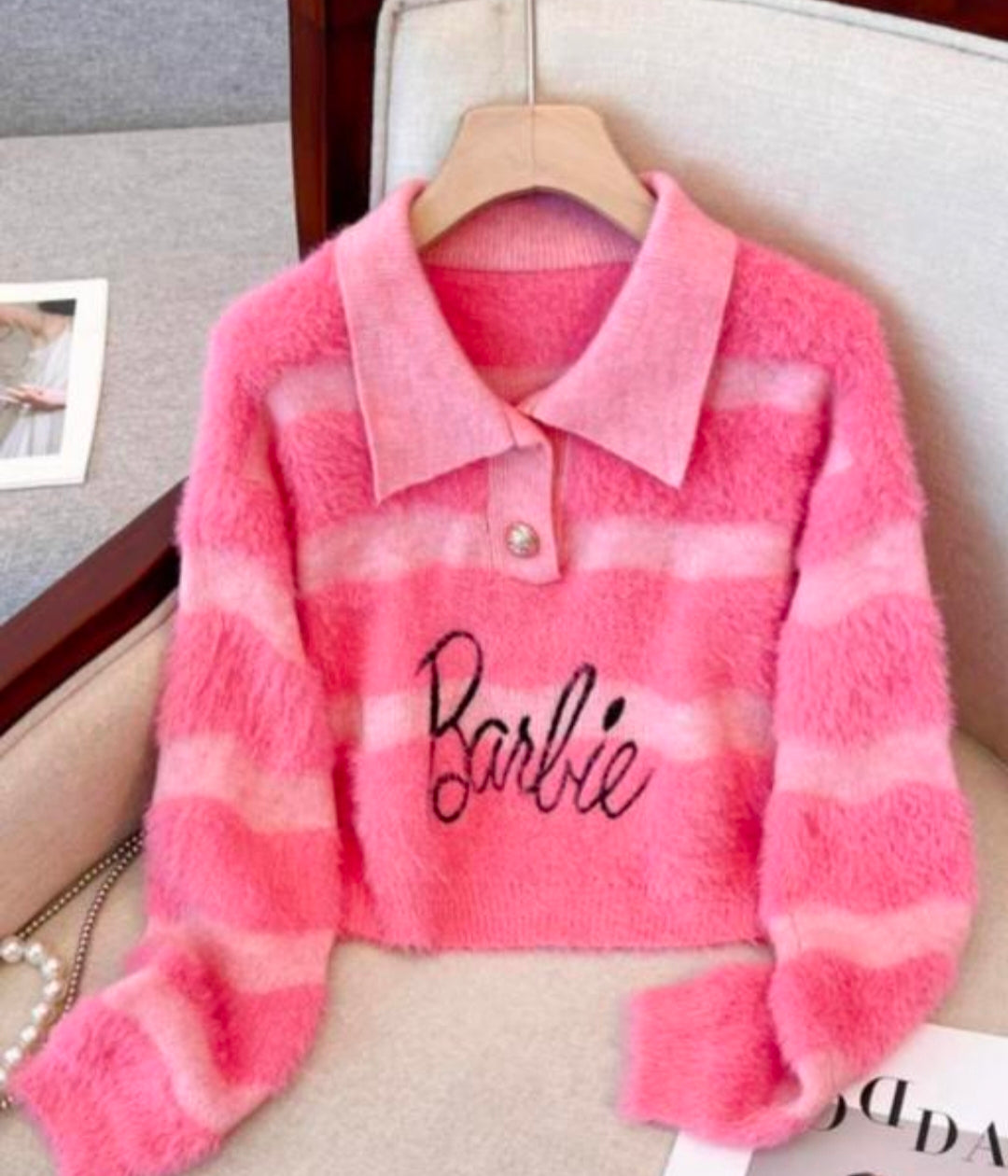 Pink Sweater with Collar & "Barbie" Print