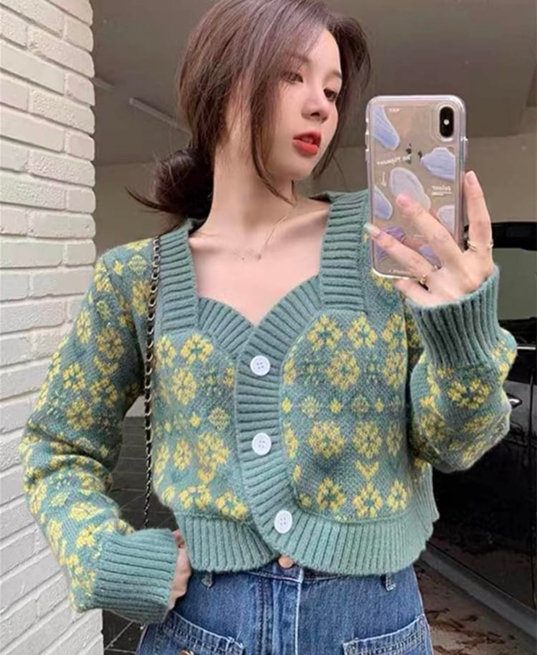 Green Cardigan with Floral Detailing