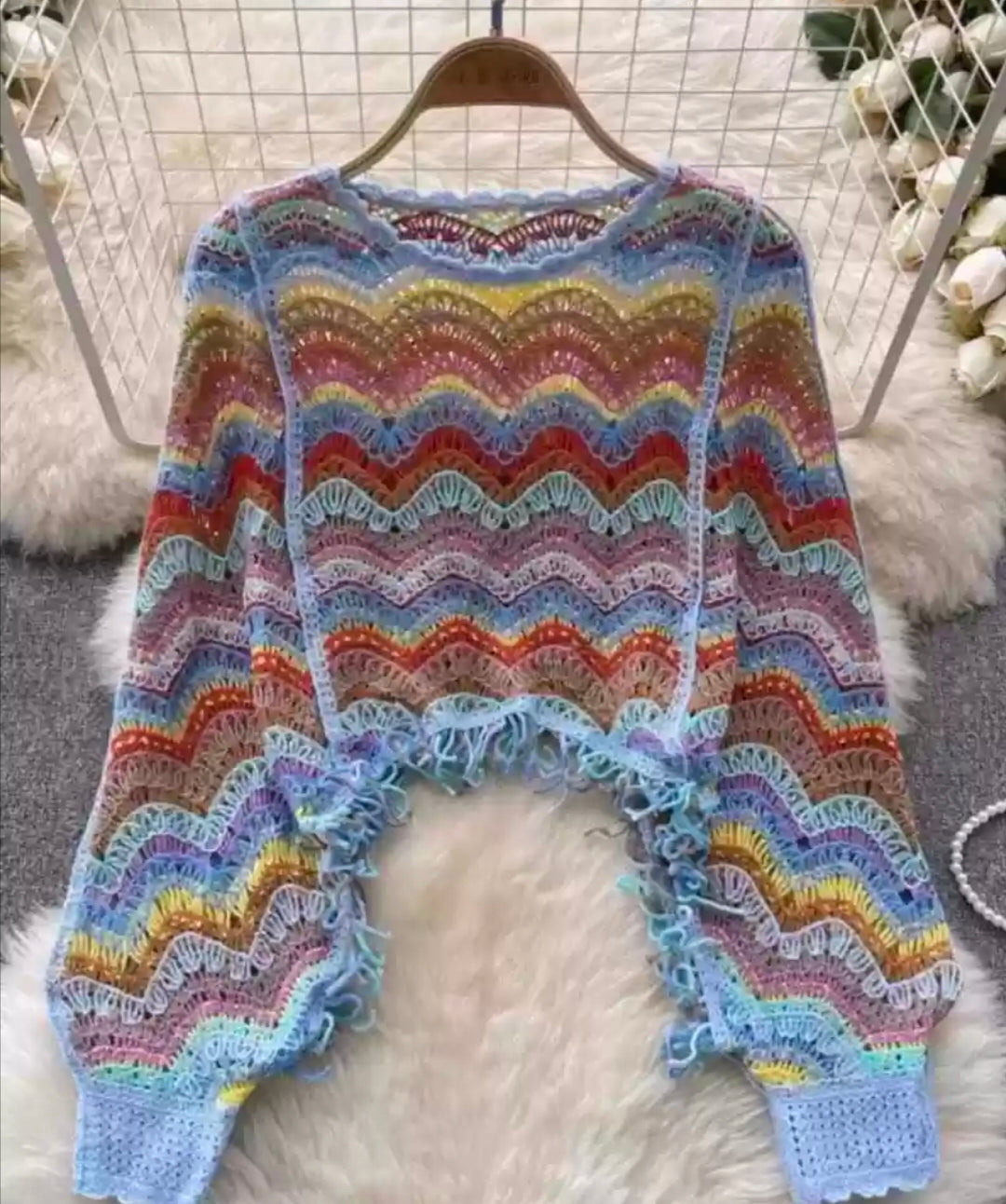 Blue-Themed Multicolor Crochet Pullover