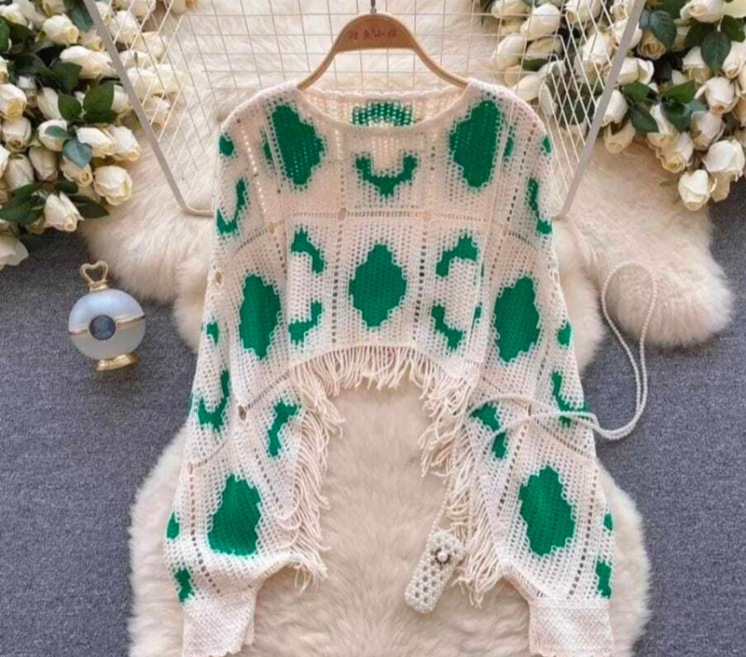White Crochet Pullover with Green Detailing