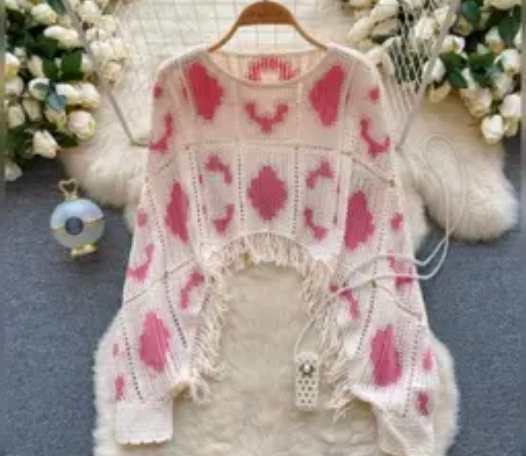 White Crochet Pullover with Pink Detailing