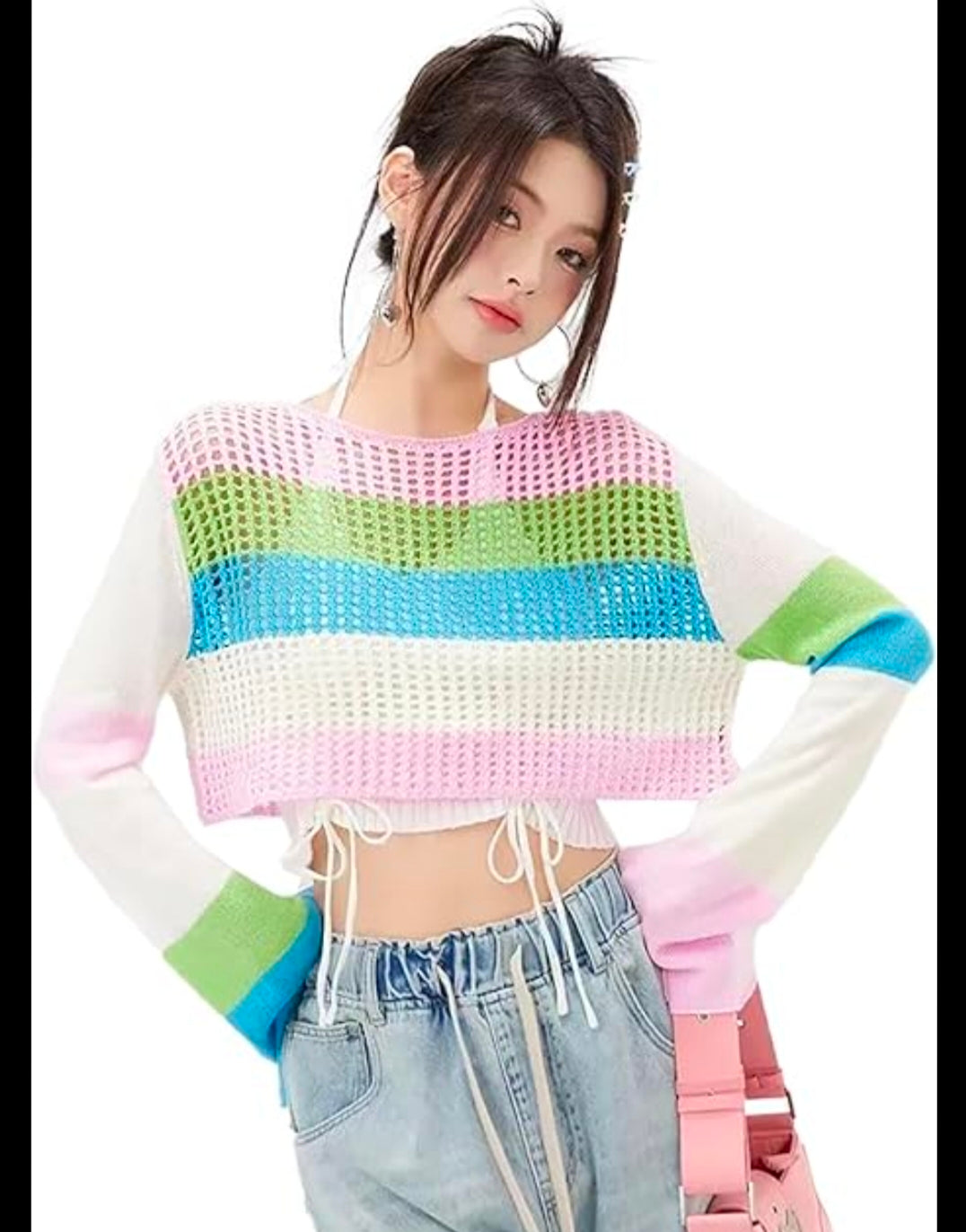 Striped Crochet Pullover with Pink, Blue, White & Green