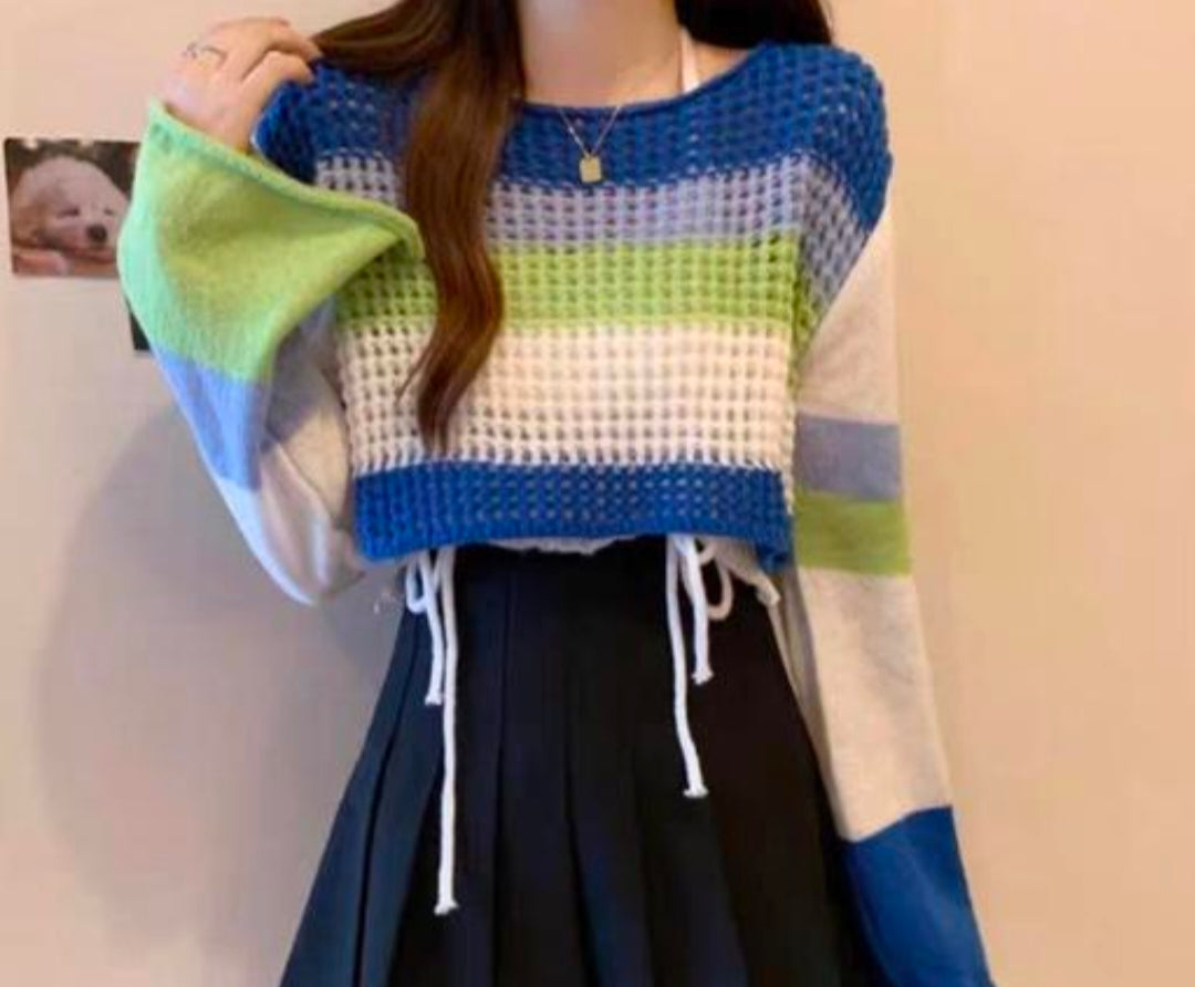 Crochet Pullover with Blue, Green & White Stripes
