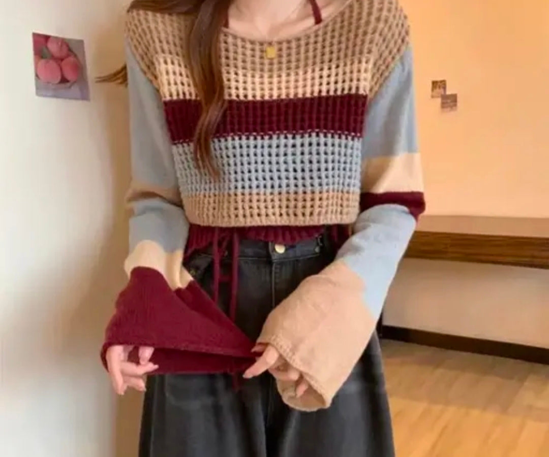 Crochet Pullover with Maroon, Blue & Beige Stripes