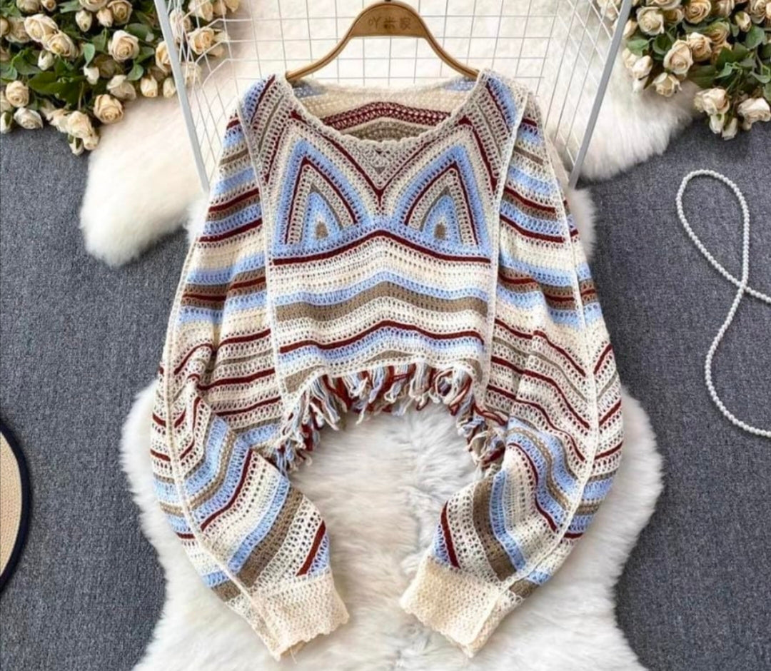 Crochet Pullover with Blue, Brown & White Stripes