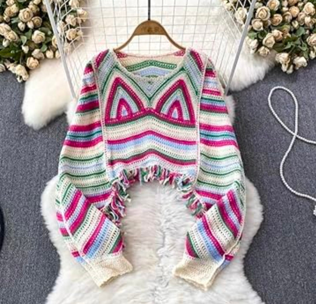 Crochet Pullover with Pink, Brown & White Stripes