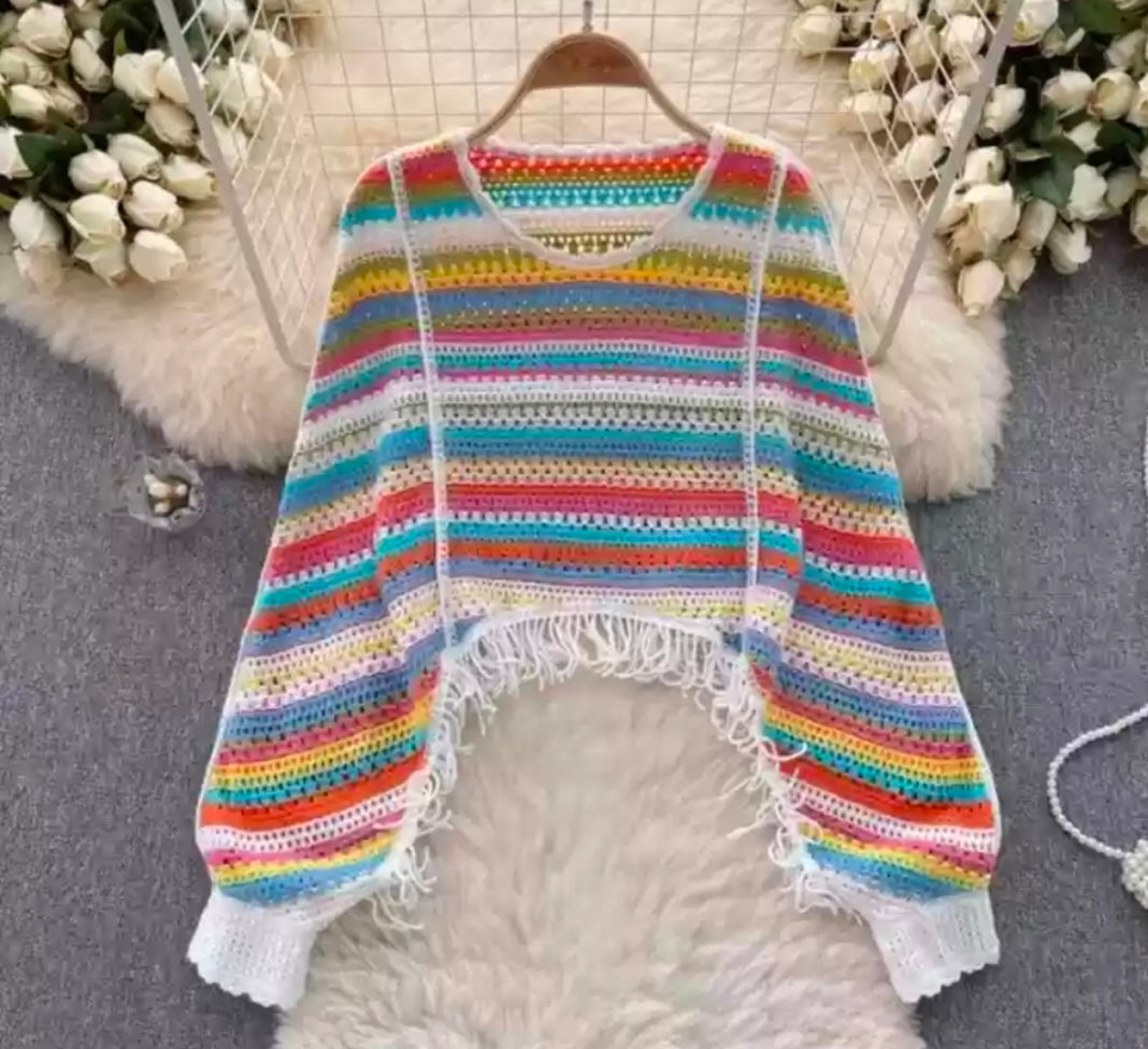 Crochet Pullover with Rainbow Stripes
