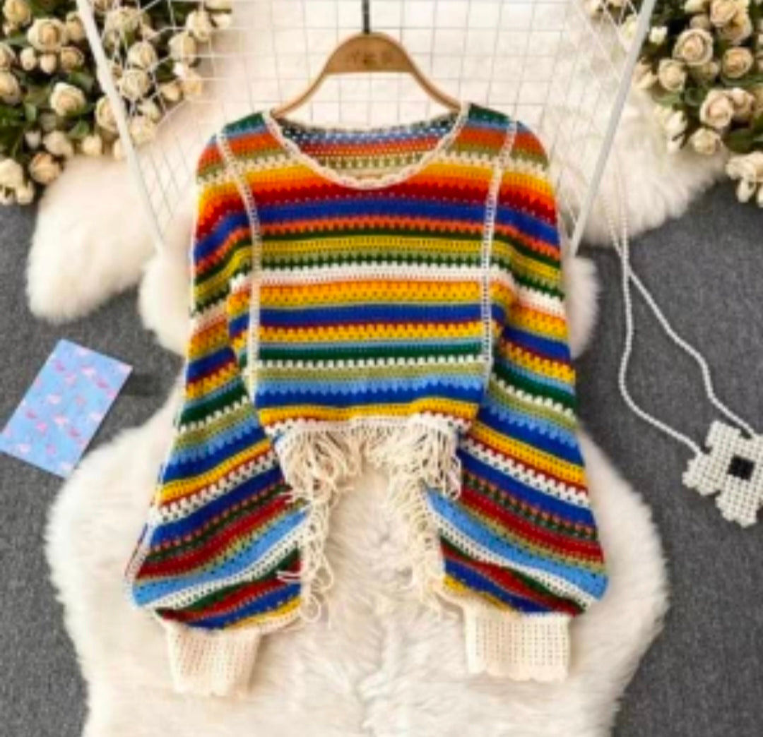 Multicoloured Crochet Pullover with Stripes