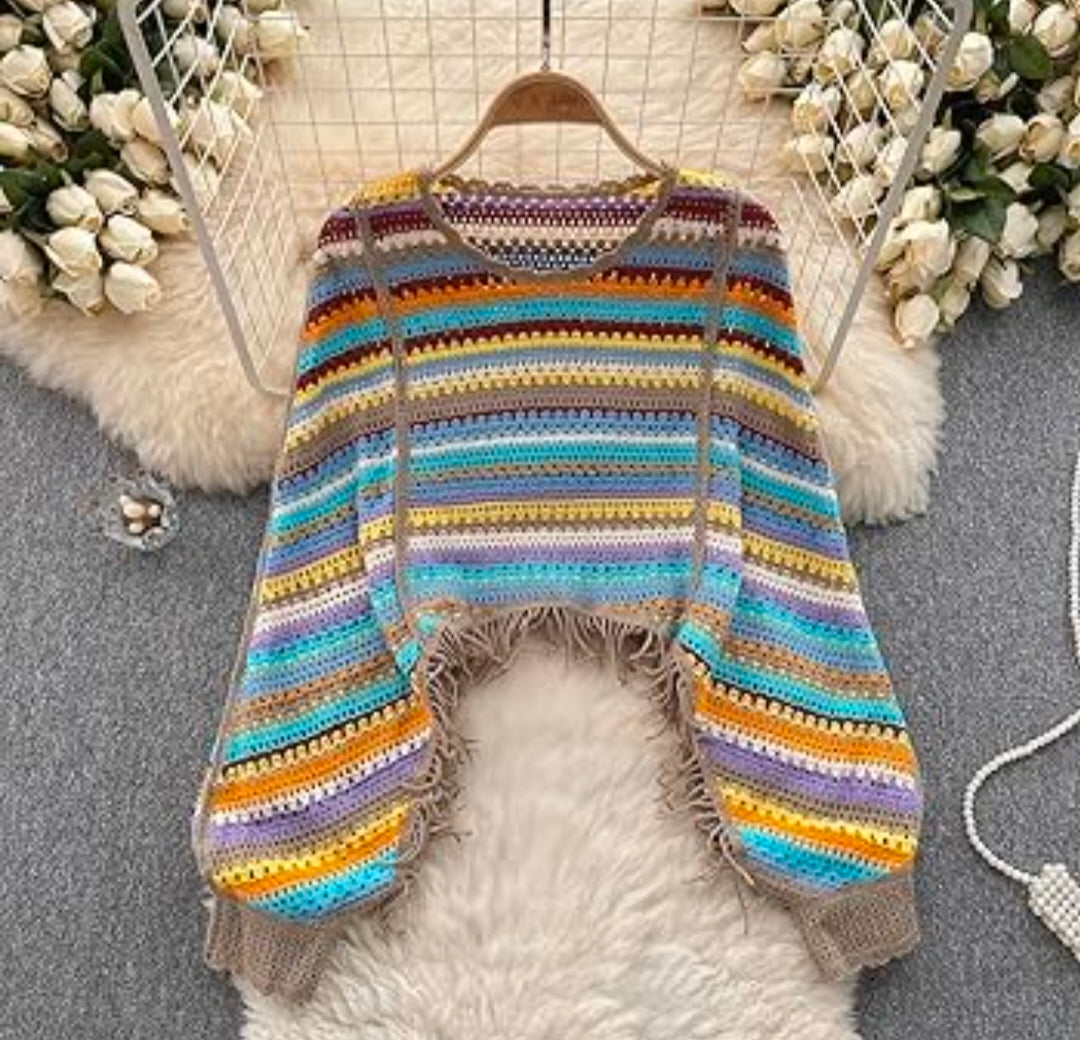 Multicoloured Stripes Crochet Pullover