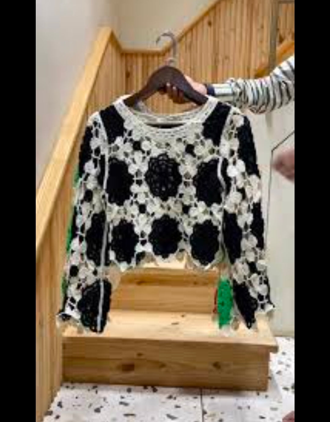 White Crochet Pullover with Blue Flowers and Detailing