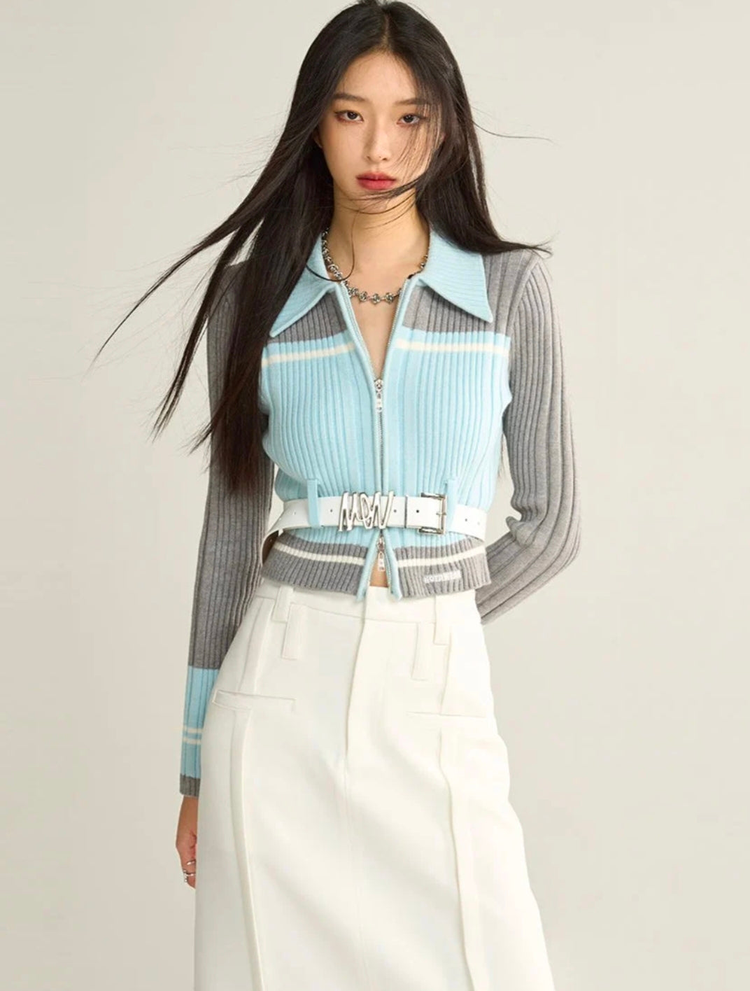 Zuro Collared Blue Sweater with Grey Stripes