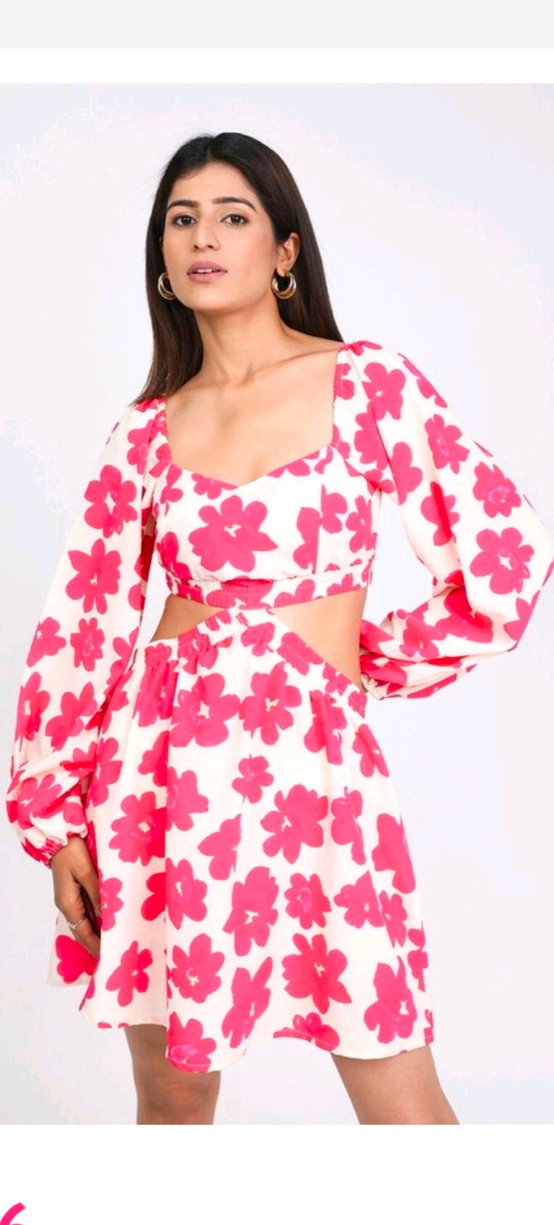Floral Puff Sleeve Cutout Mini Dress